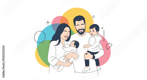 Modern illustrated family portrait with two young children holding a baby and a toddler smiling together in a colorful abstract background with simple elements
