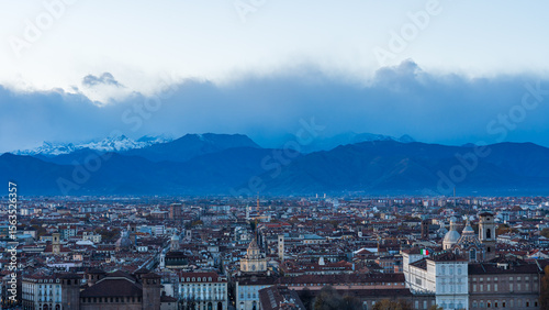 Cityscape of Turin surrounded by the Alps in Italy