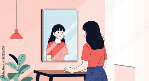 Young girl looking at her reflection in the mirror with a gentle smile on her face
