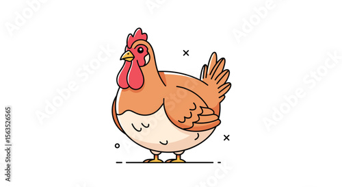 Adorable cartoon chicken standing proudly on a white background with simple decorative elements