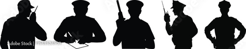 A set of five police officer bust silhouette vector icons, showing cops writing, using a radio, and holding a shotgun on duty.