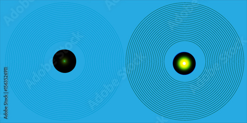 Symmetrical patterns of circular waves in vibrant colors against a blue gradient background, portraying concepts of symmetry, physics, and abstract art.