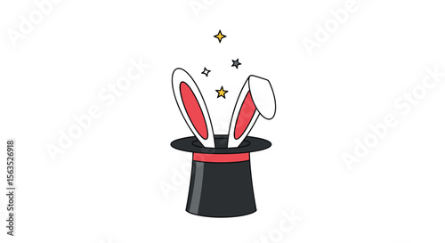 Magical rabbit ears appearing from a classic black top hat with sparkling stars