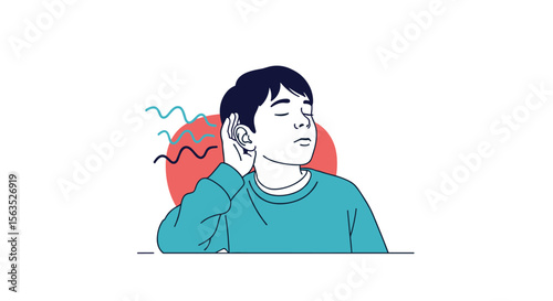 Young man cupping his ear trying to hear better with eyes closed experiencing auditory challenges