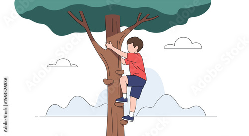 Young boy ascends tall tree exploring nature enjoying outdoor adventure activity