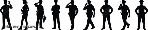 A collection of nine police officer full body silhouette vector illustrations, showing male and female cops in various standing poses.