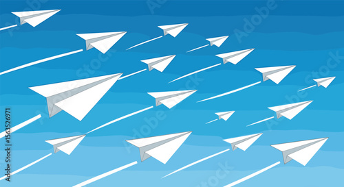 Many white paper airplanes flying together in a bright blue sky