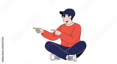 Modern casual young man sitting outdoors demonstrating direction with finger points
