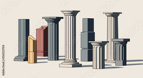 Collection of ancient architectural columns displayed in diverse styles and forms