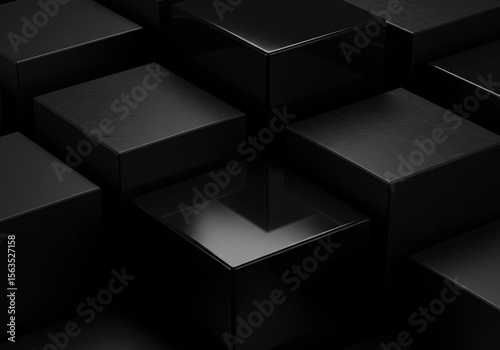 Luxury abstract background of geometric black cubes with matte and glossy surfaces. Sophisticated dark pattern for technology or corporate branding. 