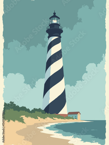 Cape Hatteras Lighthouse in spiral black and white stripes, ocean teal, sandy beige, and stormy blue