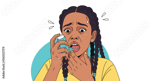 Young girl experiences intense discomfort while trying to extract something stuck in her tooth