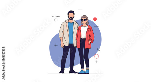 Modern couple standing together wearing stylish outerwear and sunglasses casual fashionable lifestyle