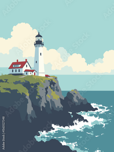 Portland Head Lighthouse on rocky coast with cliff gray, beacon white, red roof, and choppy blue sea