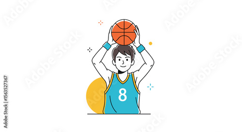 Young basketball player practicing a jump shot with a ball overhead ready to play a game on a white background