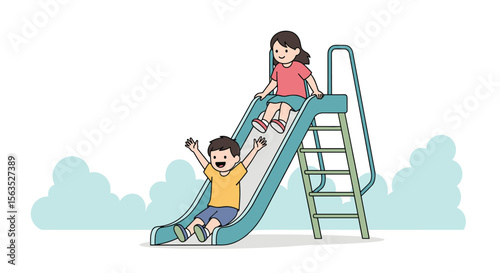 Two happy children enjoying a sunny day sliding down a bright blue playground slide with green accents