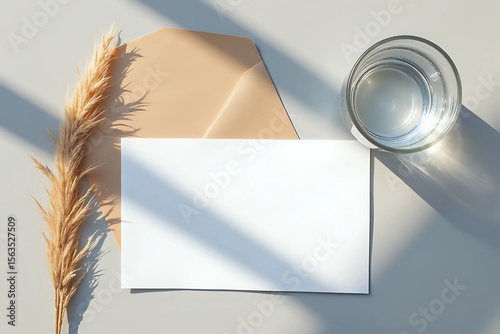Stationery still life scene. Glass of water, dry grass and craft envelope on gray table background in sunlight. Blank paper card, invitation mockup scene with long shadows with copy space