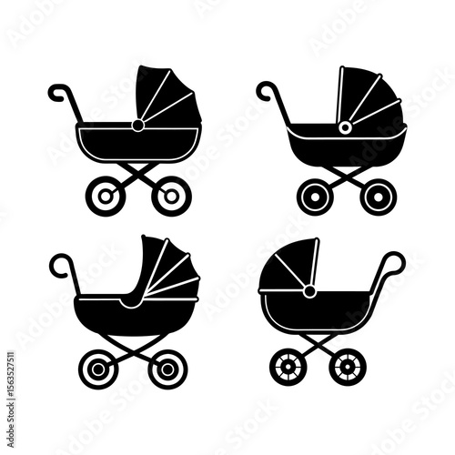 Collection of Elegant Baby Stroller Icons in Minimalistic Black and White Design
