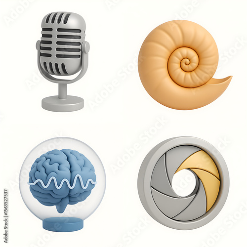 3D set of science and sound icons with brain, shell, and mic