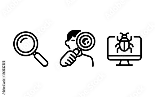 Vector art of magnifying glass and bug on screen outline and solid vector icons