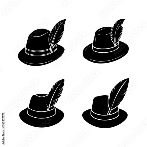 et of Stylish Fedora Hats with Feathers in Artistic Black Icon Design