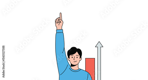 Successful businessperson celebrating growth and achievement with upward trend chart and raised hand