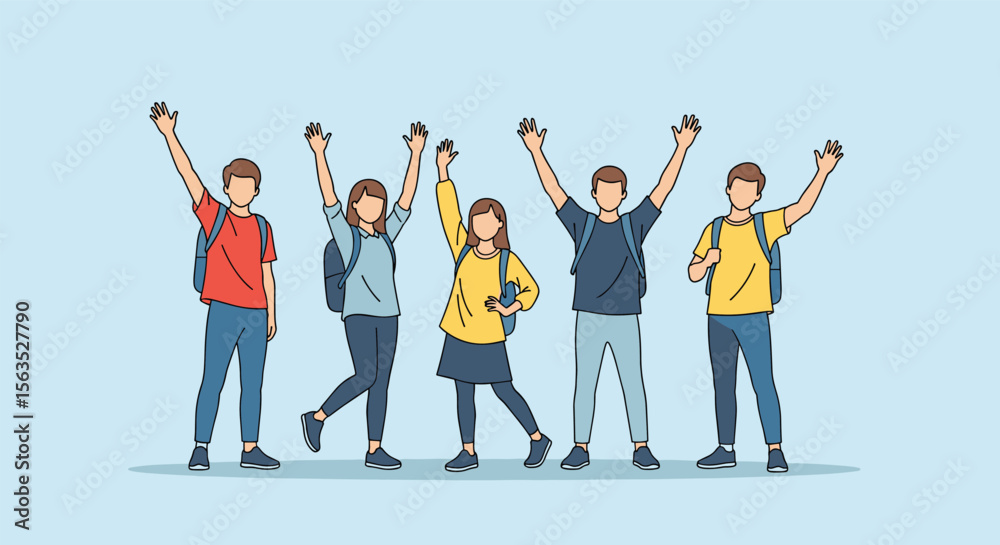 Obraz premium Excited students celebrating success with arms raised in a group photo on a bright blue background representing achievement and teamwork