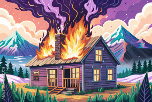 Flames engulf an abandoned wooden cabin nestled in the mountains, with roaring fire, thick smoke, and glowing embers casting a fiery glow over the rugged landscape