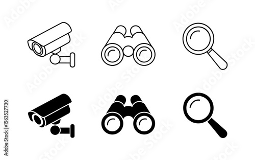 Vector art of security camera, binoculars, and magnifier, outline and solid vector icons