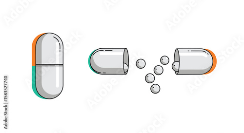 Medical capsule and active ingredients illustration for pharmaceutical research and health care services