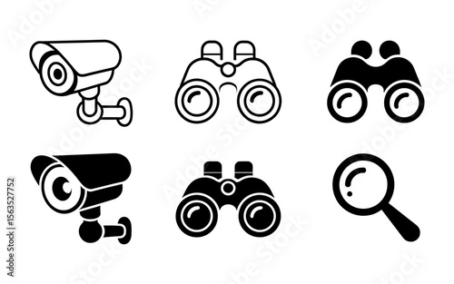 Vector art of security and search icons isolated on white background, outline and solid vector icons