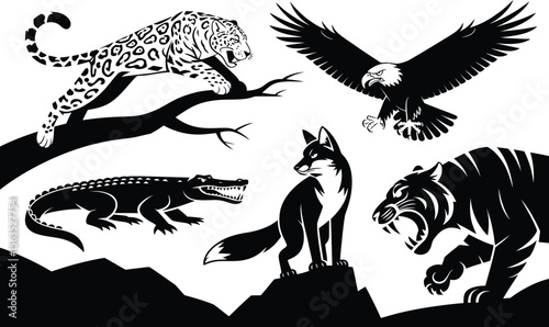 A powerful set of five wild animal silhouette vector illustrations, including a tiger, eagle, leopard, fox, and crocodile.