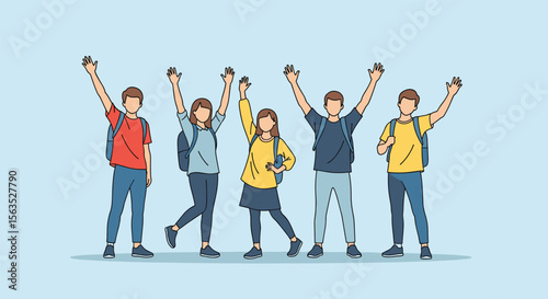 Excited students celebrating success with arms raised in a group photo on a bright blue background representing achievement and teamwork