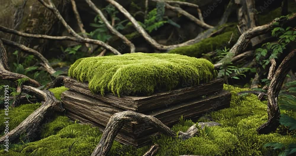 Moss-covered wooden platform in a lush forest Moss-covered wooden platform in a lush forest