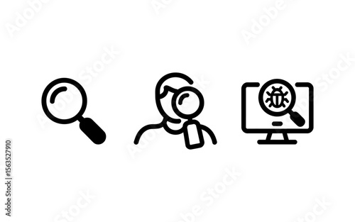 Vector art of searching for bugs on a computer screen outline and solid vector icons