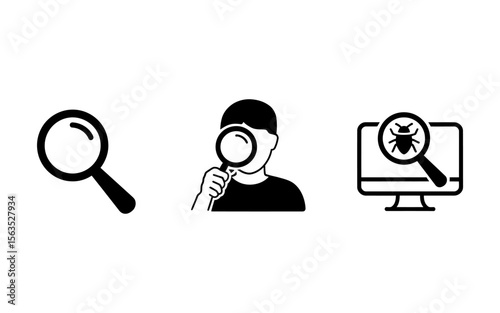 Vector art of searching for bugs on a computer screen outline and solid vector icons