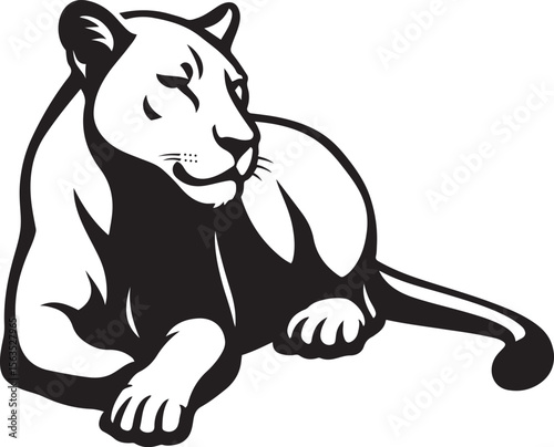 Lioness lying down majestic illustration, Resting lioness powerful vector sketch