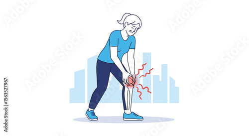 Woman experiencing sharp knee pain while standing outdoors caused by injury or arthritis affecting her leg health
