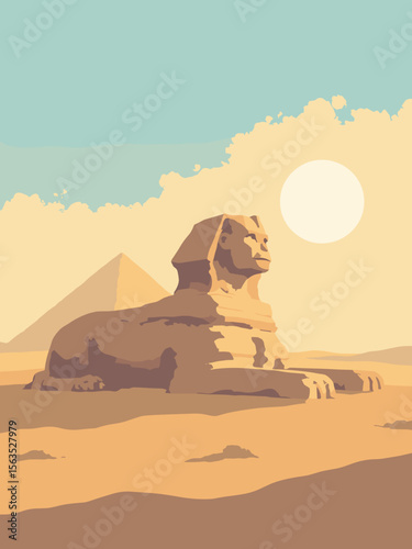 The Great Sphinx of Giza emerging from desert sands at sunrise with golden sand tones, limestone beige, and a soft blue-orange sky