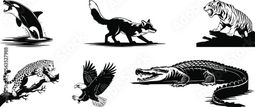A collection of six predatory animal silhouette vector graphics, featuring an orca, fox, tiger, leopard, eagle, and crocodile.