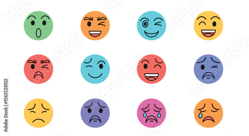 Collection of expressive emoji faces showing various human emotions and feelings through simple graphics