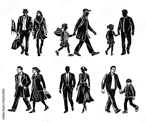 Dad Holding Daughter’s Hand Fatherhood Silhouette Vector for Family Love Concepts.