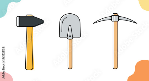 Illustration of a sledgehammer shovel and pickaxe tools for construction and mining on white background with colorful abstract shapes