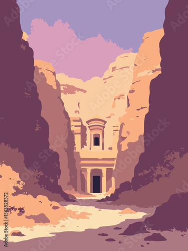 Valley of the Kings tomb entrances carved into ochre cliffs with deep canyon browns, sand beige, and muted sunset purple
