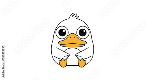 Adorable cartoon baby duckling with big round eyes and orange beak sitting quietly on a white background