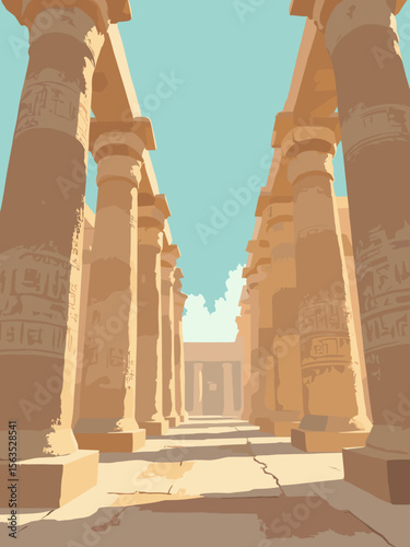 Karnak Temple hypostyle hall filled with towering hieroglyph-covered columns in dusty sandstone, teal shadow lines, and warm sunlight