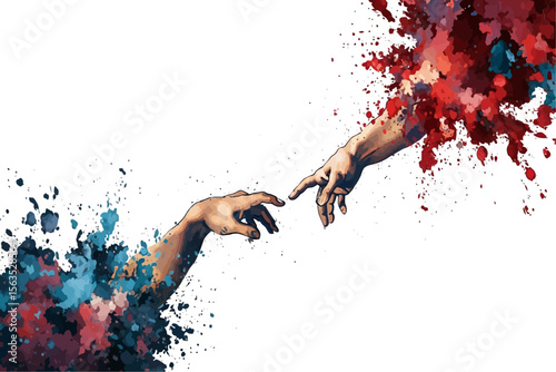 Two hands reaching out with paint splatters in red and blue on a white background in artwork style.