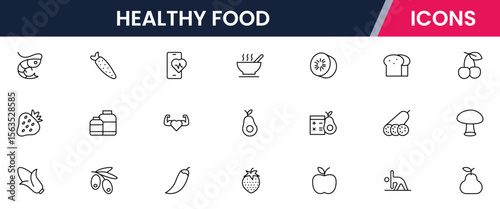 Healthy food icons in line vector style showcasing various nutritious items and drinks for a balanced diet