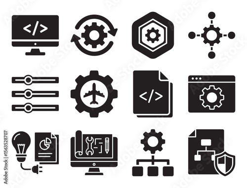 API and software development solid glyph icons for coding and integration showing application interface secure development process and backend system management