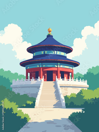 Temple of Heaven pavilion surrounded by gardens in royal blue tiles, red lacquered wood, white stone steps, and emerald foliage